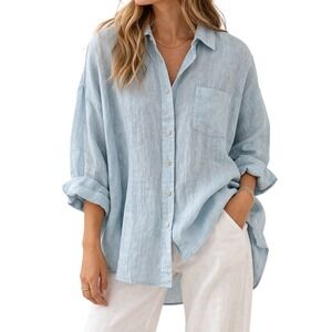 CP Shades Jojo Linen Button Front Shirt Blue Oversized Made USA Women Men Small